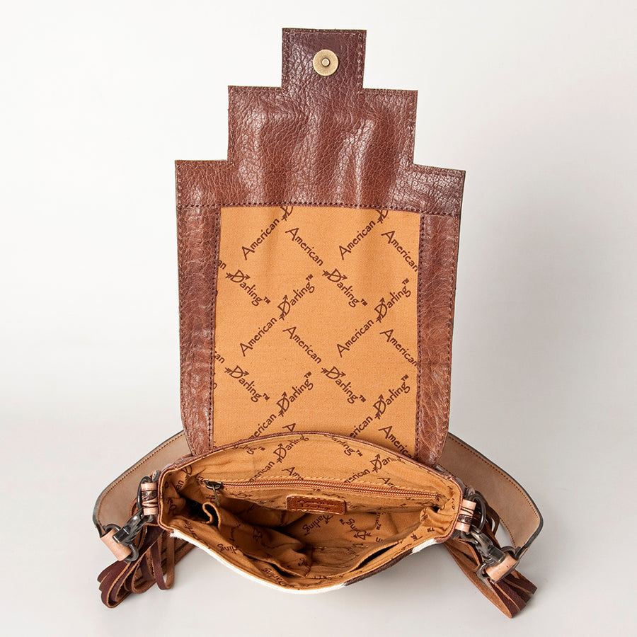 American Darling Messenger Bag for Women, Hand Tooled Floral Leather, Hair-On Cowhide, Woven Saddle Blanket, Genuine Leather