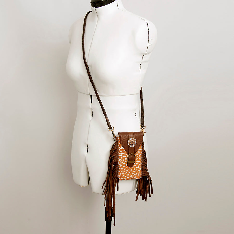 American Darling Hair-On Cowhide Cell Phone Holder Fringes Braided Handle Vegetable-Tanned Genuine Leather YKK Zipper