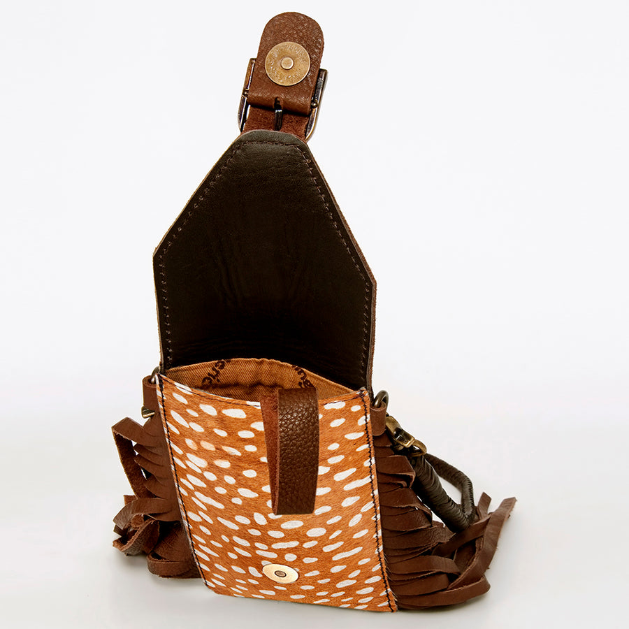 American Darling Hair-On Cowhide Cell Phone Holder Fringes Braided Handle Vegetable-Tanned Genuine Leather YKK Zipper