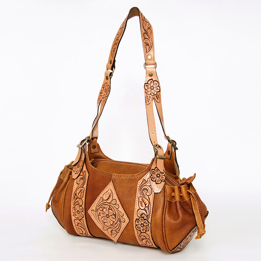 American Darling Hand Tooled Floral Carved Hair-On Cowhide Hobo Bag Eco-Friendly Genuine Leather Drawstring YKK Zipper