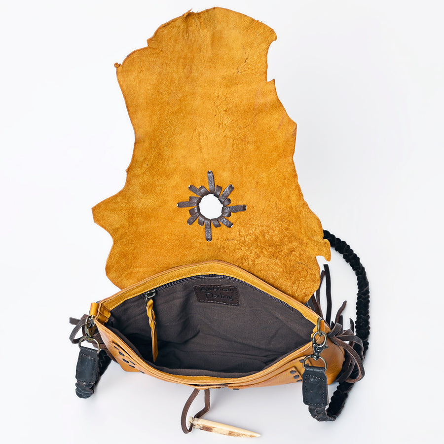 American Darling Cross body Bag Western Genuine Leather Handcrafted Purse with Fringes and Braided Strap