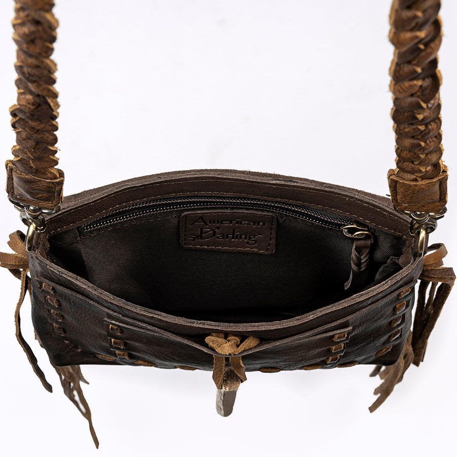 American Darling Cross body Bag Western Genuine Leather Handcrafted Purse with Fringes and Braided Strap