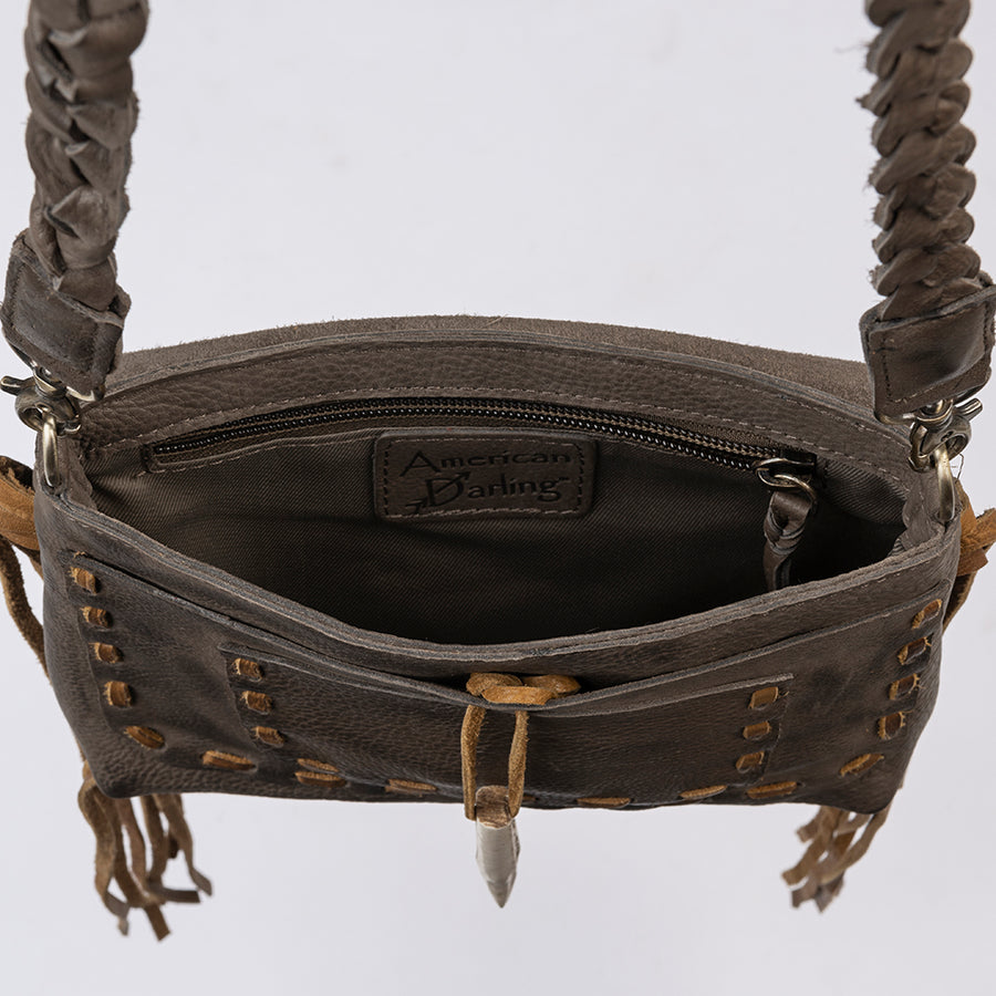 American Darling Cross body Bag Western Genuine Leather Handcrafted Purse with Fringes and Braided Strap