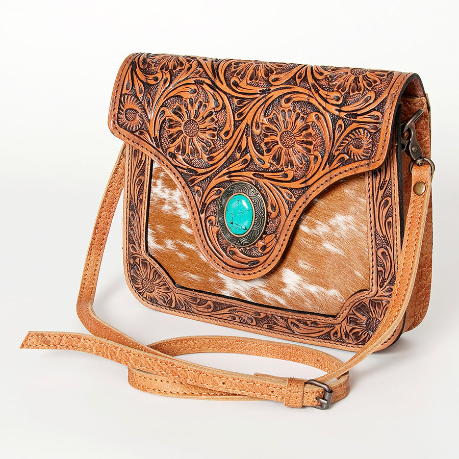 American Darling Western Cross body Bag Hair-On Cowhide with Hand Tooled Floral Carving - Hilason