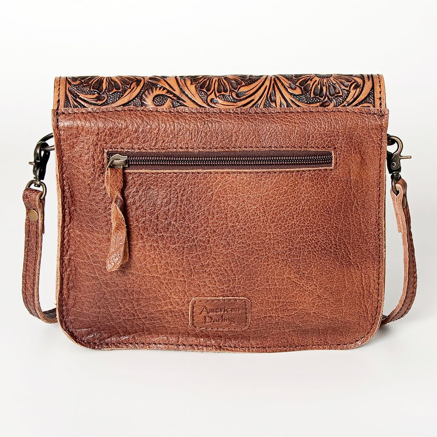 American Darling Cross body Bag Western Leather Hair-On Cowhide Hand Tooled Floral Turquoise Concho 8in x 10in