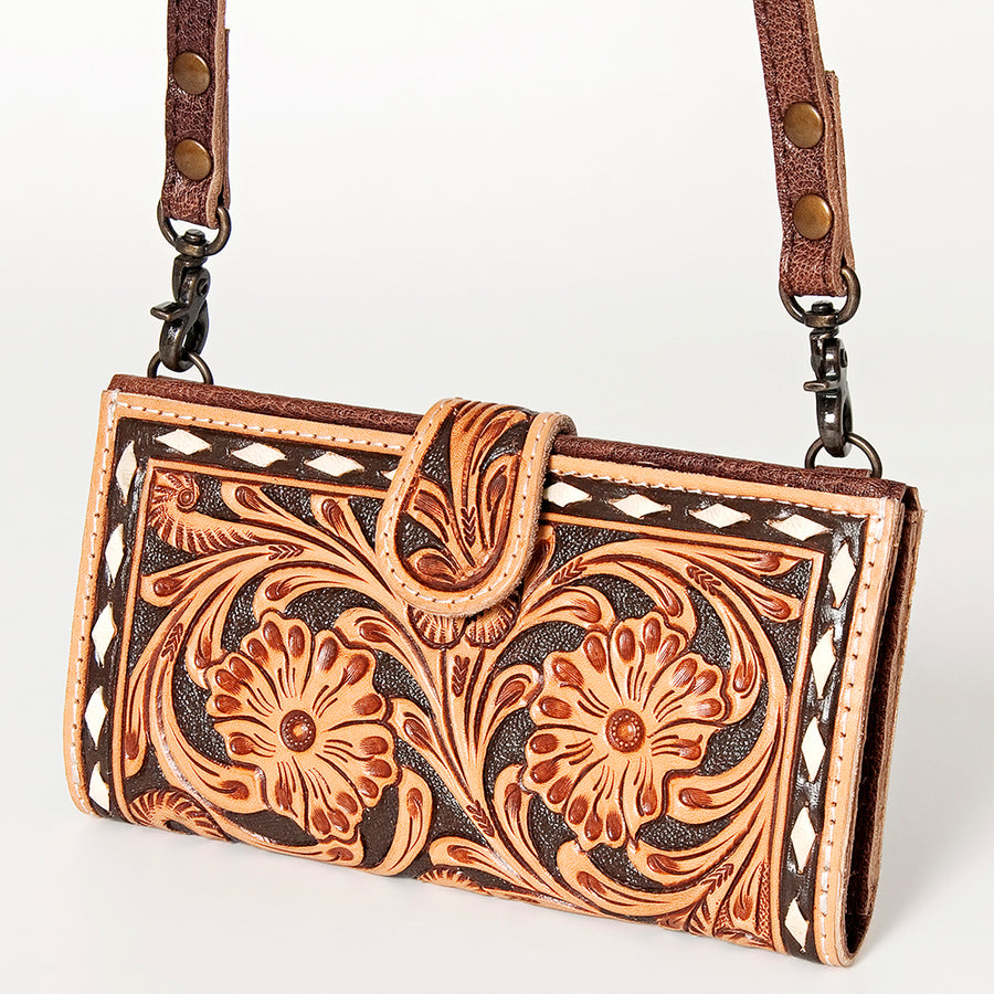 American Darling Western Small Cross body Bag Hand Tooled Floral with Buck Stitched Detail - Uhorse