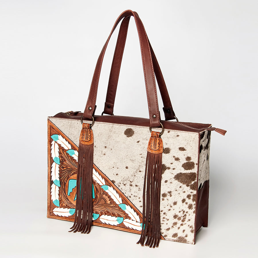American Darling Tote Hand Tooled Hair on Genuine Leather Western Women Bag Handbag Purse | Travel Bags College - Hilason