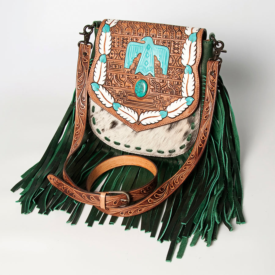 American Darling Messenger Hand Tooled Hair On Genuine Leather women bag western handbag purse - Uhorse