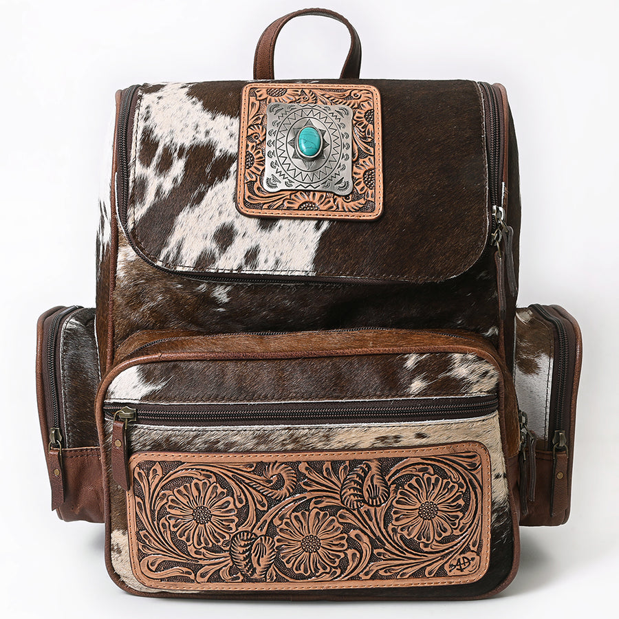 American Darling Backpack for Women, Hand Tooled Floral Leather, Hair-On Cowhide, Turquoise Concho, Genuine Western Leather