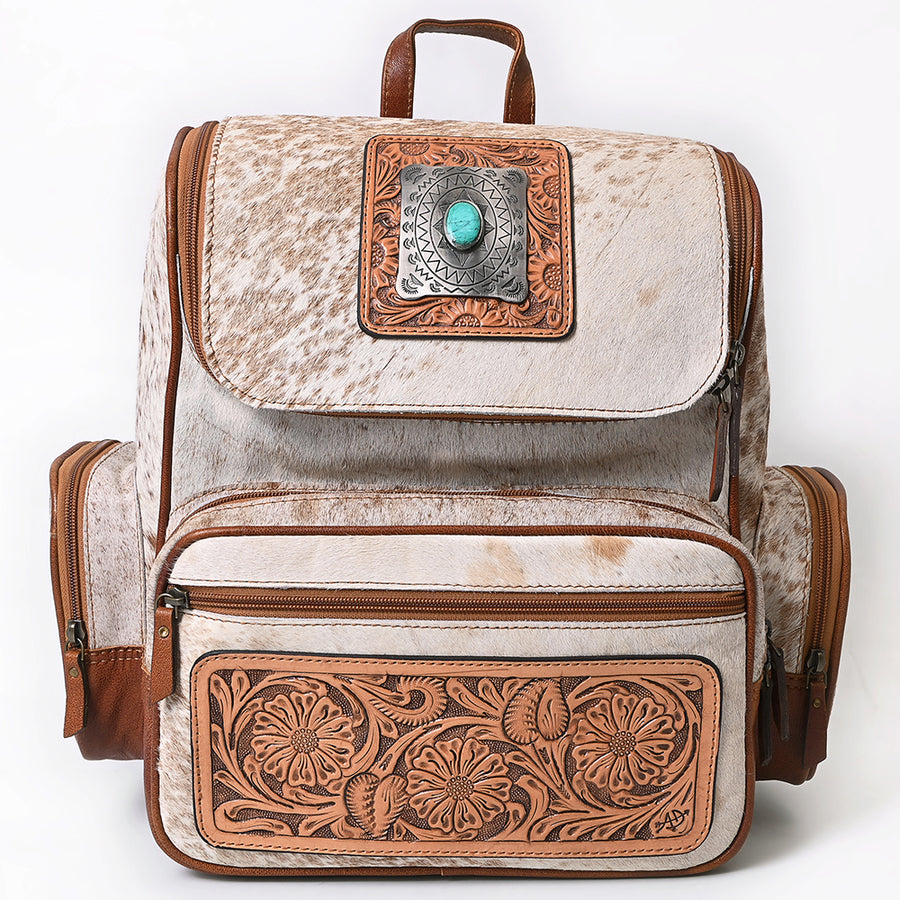 American Darling Backpack for Women, Hand Tooled Floral Leather, Hair-On Cowhide, Turquoise Concho, Genuine Western Leather
