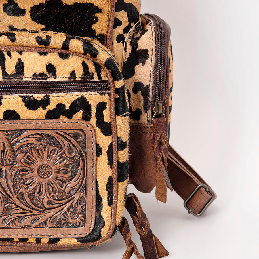 American Darling Backpack for Women, Hand Tooled Floral Leather, Hair-On Cowhide, Turquoise Concho, Genuine Western Leather