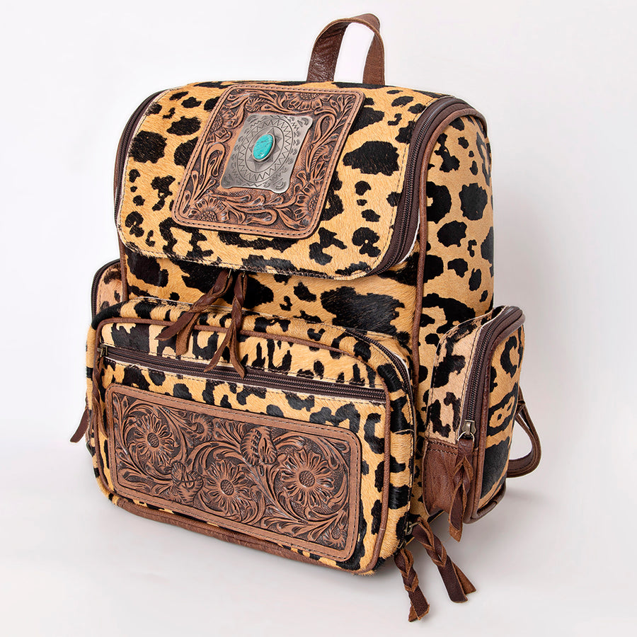 American Darling Hand Tooled Floral Leather and Hair-On Cowhide Backpack with Turquoise Concho - Uhorse