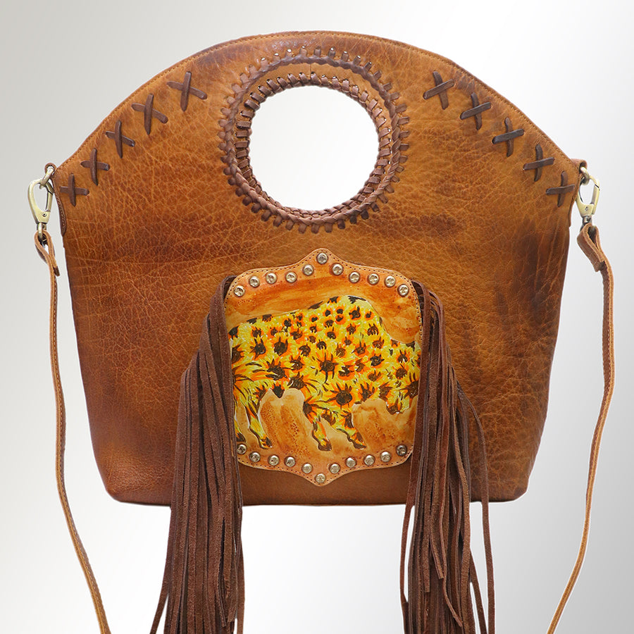 American Darling Bucket Bag Western Hand Painted Genuine Leather Handcrafted Purse with Fringes and YKK Zipper