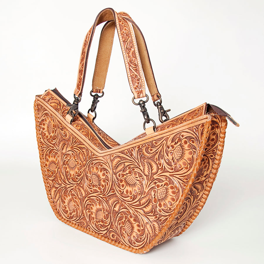 American Darling Western Tote Bag Hand Tooled Floral Carved Vegetable-Tanned Leather - Uhorse