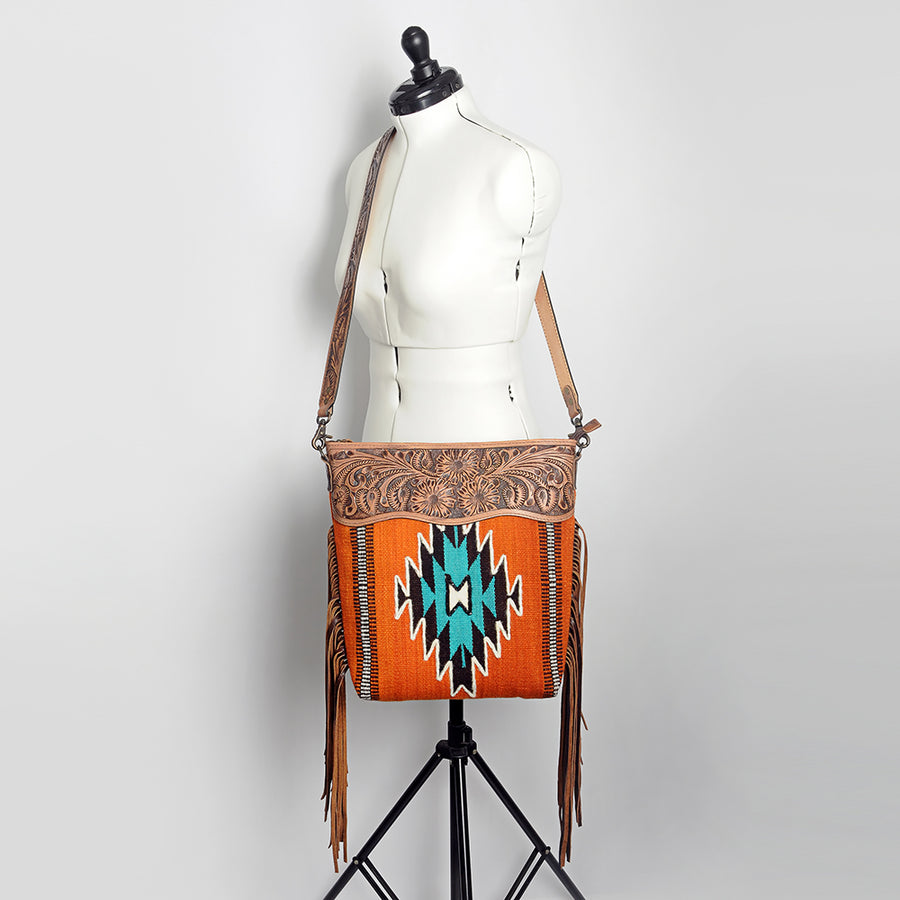 American Darling Signature Cross Body Bag Hand Tooled Floral Carved Leather Woven Saddle Blanket Fringes Genuine Leather