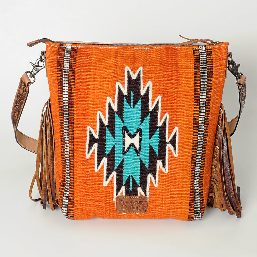 American Darling Signature Cross Body Bag Hand Tooled Floral Carved Leather Woven Saddle Blanket Fringes Genuine Leather