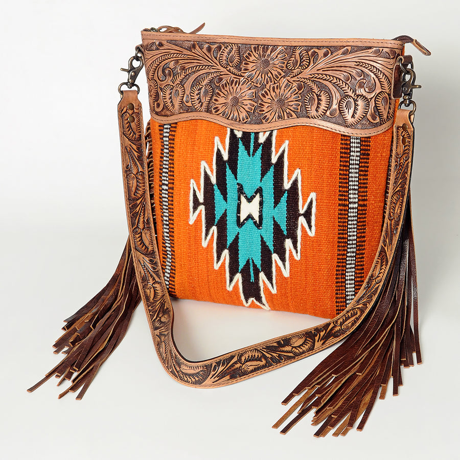 American Darling Hand Tooled Floral and Hand Woven Saddle Blanket Signature Cross Body Bag - Uhorse