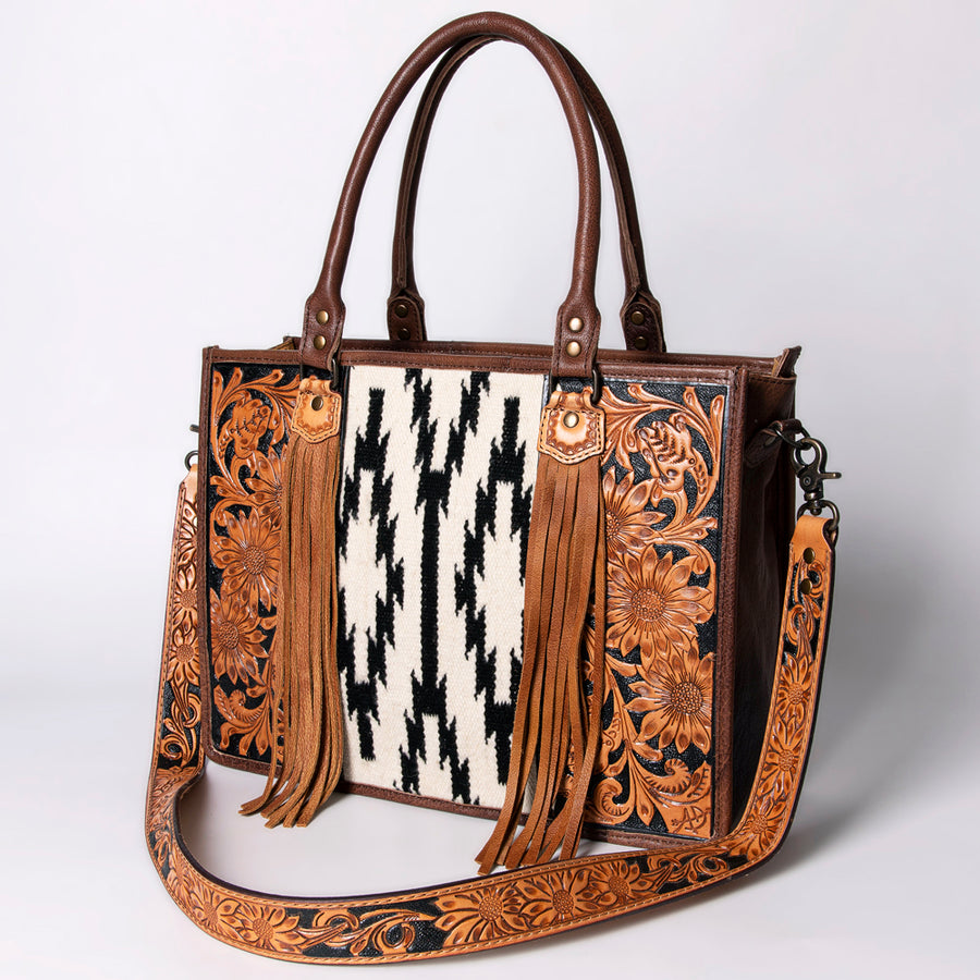 American Darling Hand Tooled Floral Western Leather Woven Saddle Blanket Tote Bag - Uhorse
