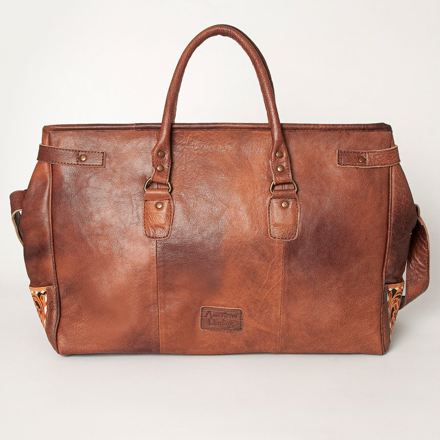 American Darling Duffel Bag Hand Tooled Floral Carved Hair-On Cowhide Genuine Vegetable Tanned Leather Travel Bag YKK Zipper