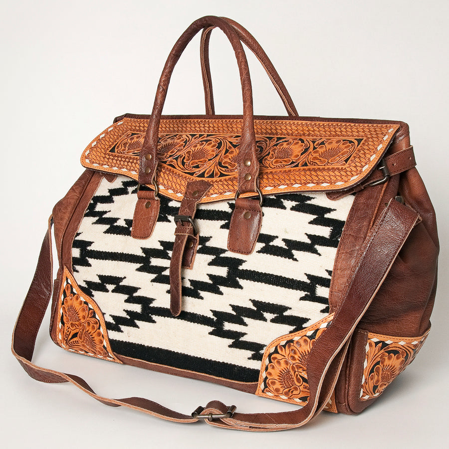 American Darling Hand Tooled Floral and Hand Woven Saddle Blanket Western Duffel Bag - Uhorse
