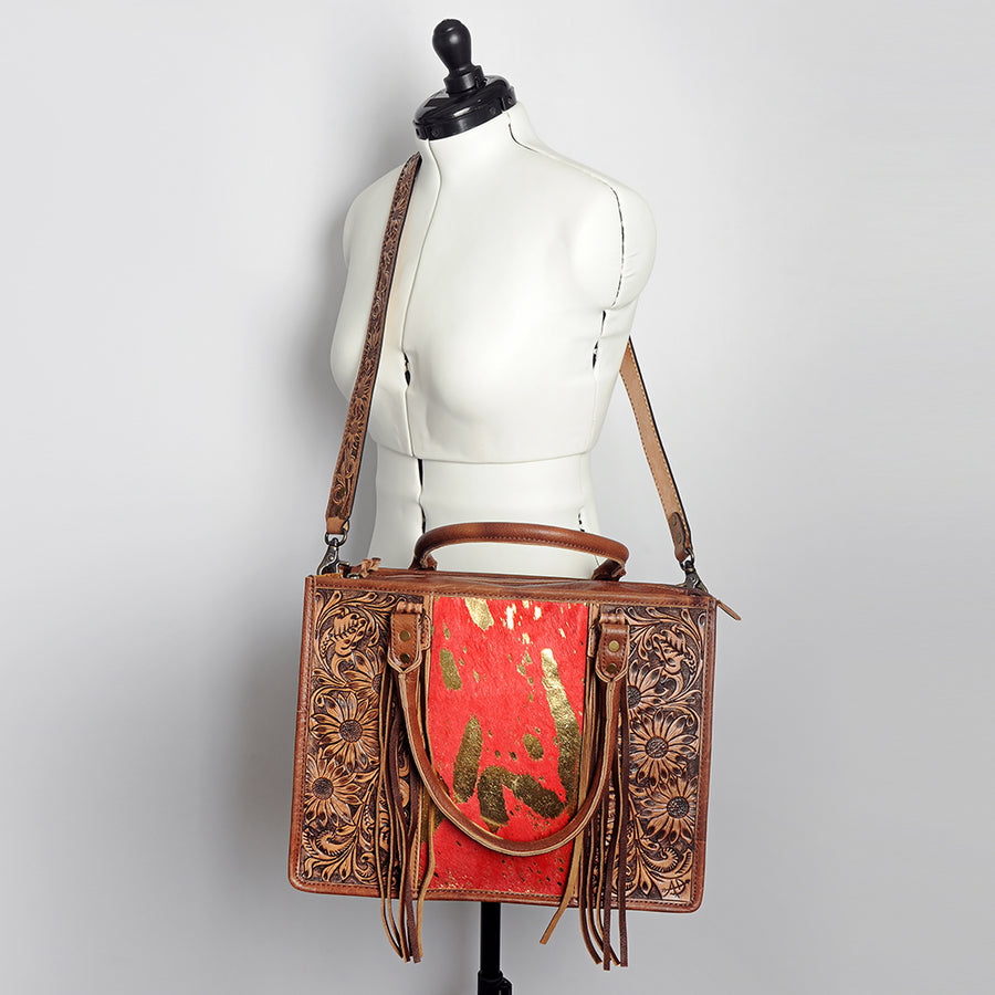 American Darling Briefcase Hand Tooled Hair On Genuine Leather Western Women Bag Handbag | for Cute Laptop