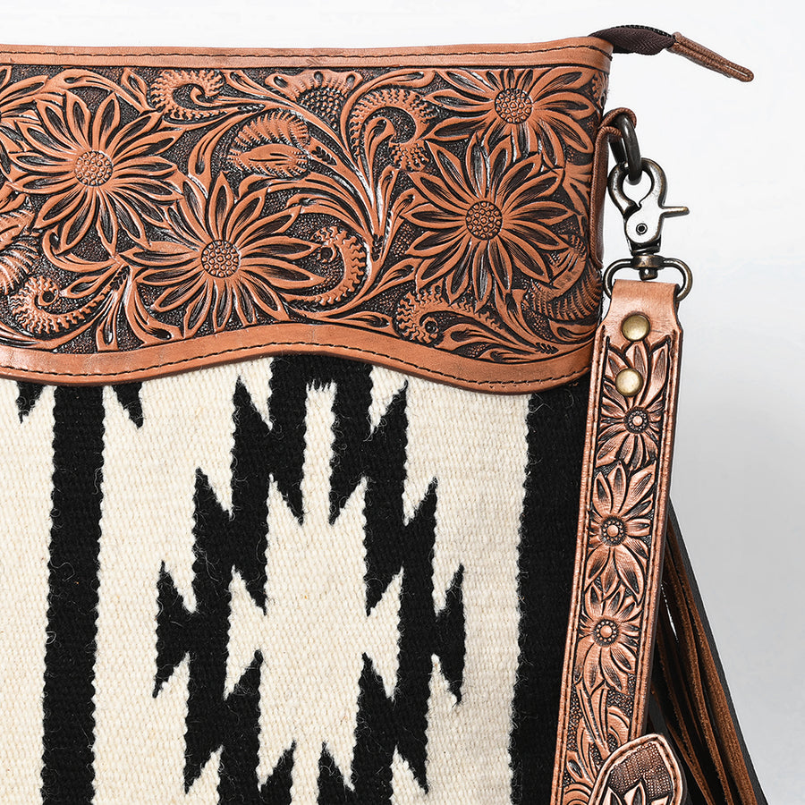 American Darling Signature Cross body Bag for Women, Hand Tooled Floral Leather & Woven Saddle Blanket, Western Fringed Purse