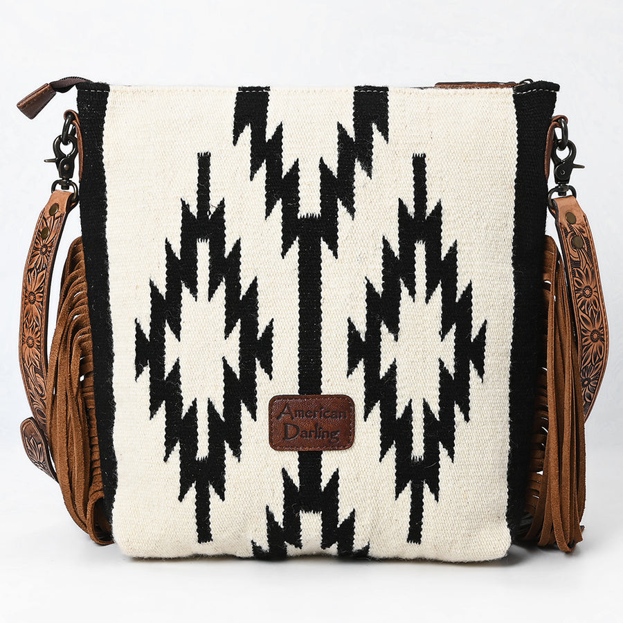 American Darling Signature Cross body Bag for Women, Hand Tooled Floral Leather & Woven Saddle Blanket, Western Fringed Purse