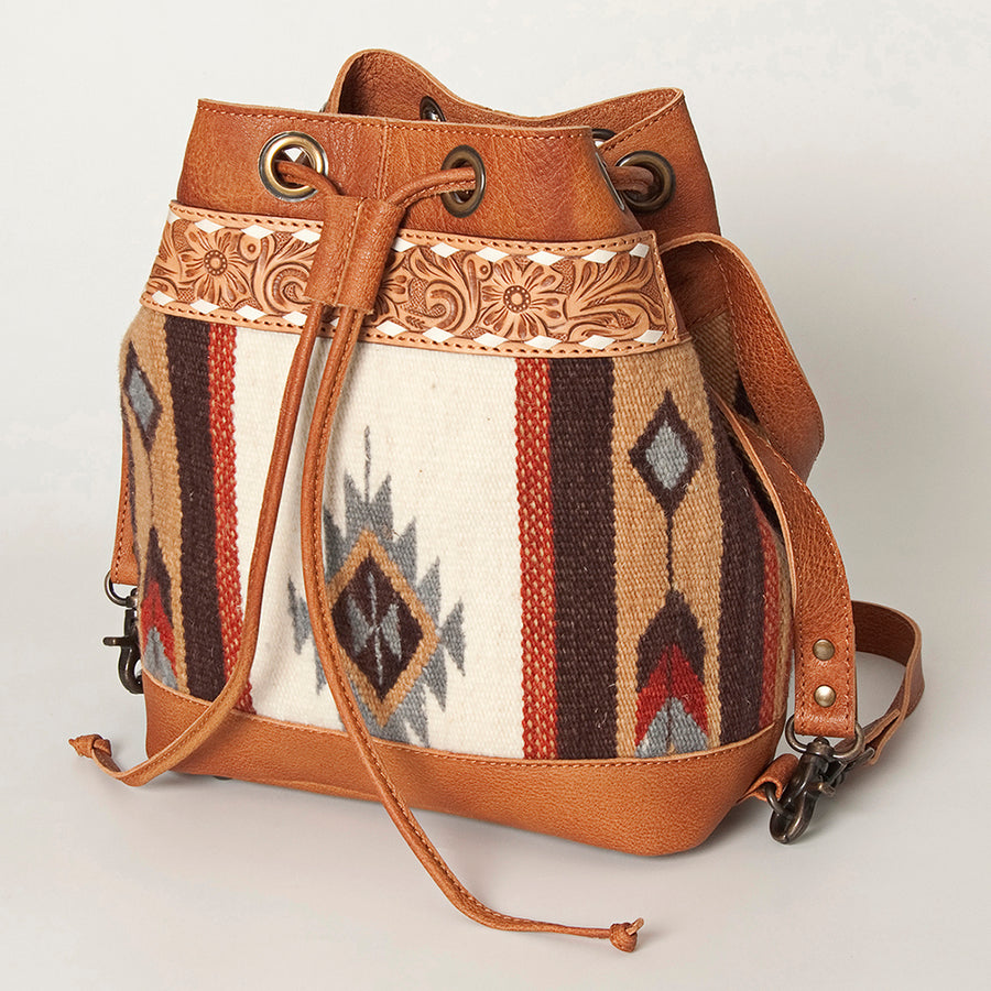 American Darling Hand Tooled Floral and Hand-Woven Saddle Blanket Leather Bucket Bag - Uhorse