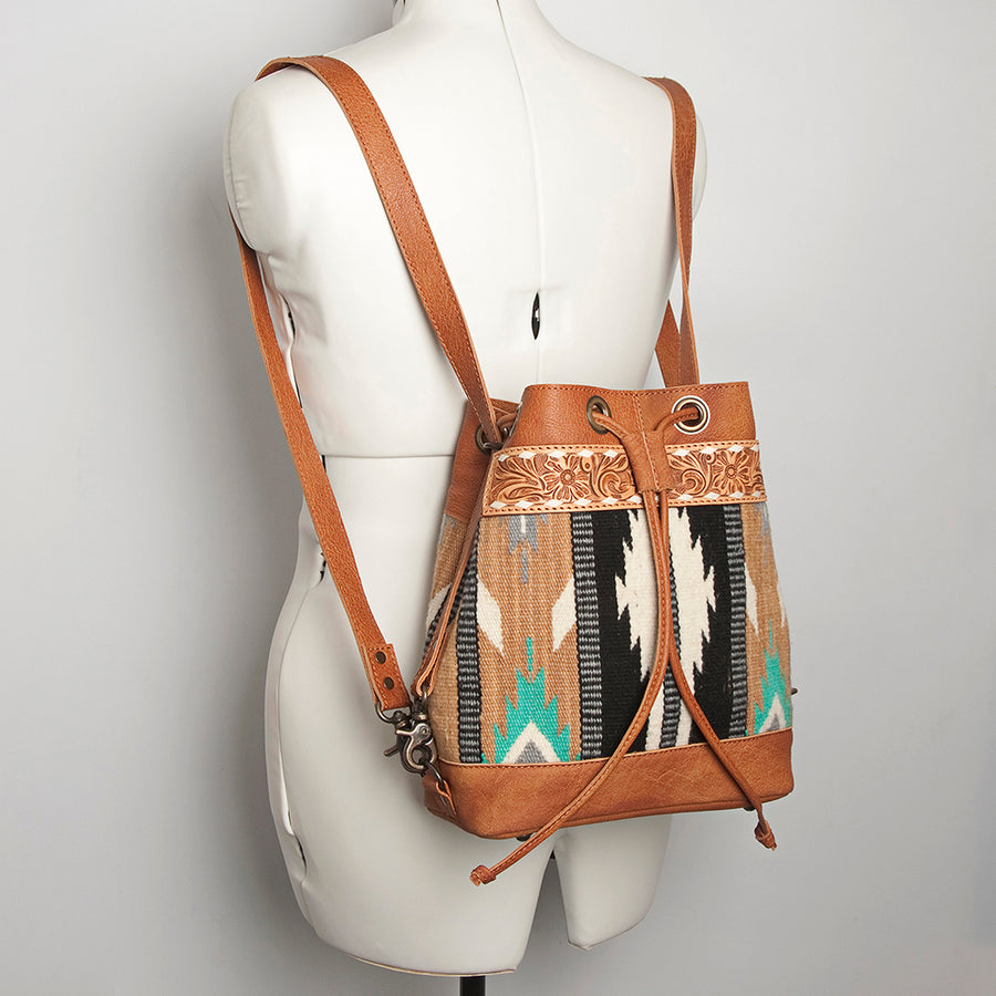 American Darling Bucket Bag for Women, Hand Tooled Floral Leather, Hand-Woven Saddle Blanket, Western Style Genuine Leather
