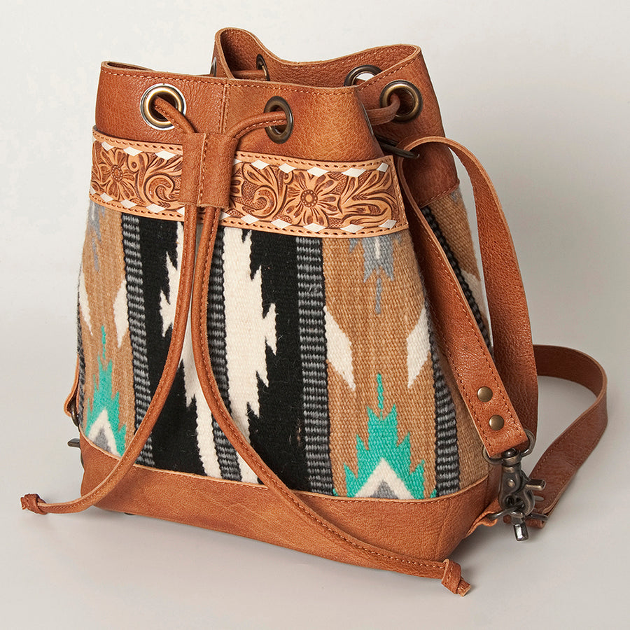 American Darling Hand Tooled Floral and Hand-Woven Saddle Blanket Leather Bucket Bag - Uhorse