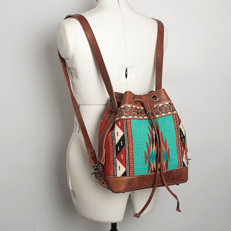 American Darling Bucket Bag for Women, Hand Tooled Floral Leather, Hand-Woven Saddle Blanket, Western Style Genuine Leather