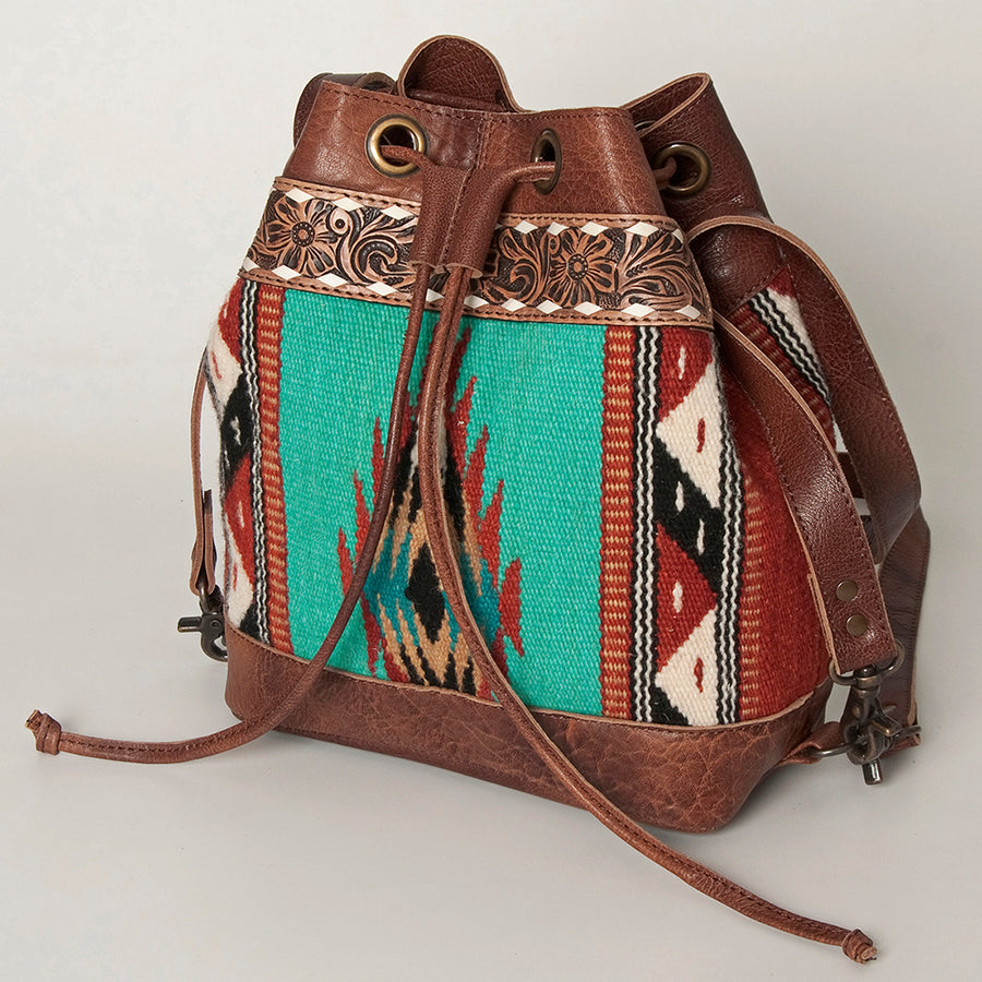 American Darling Hand Tooled Floral and Hand-Woven Saddle Blanket Leather Bucket Bag - Uhorse