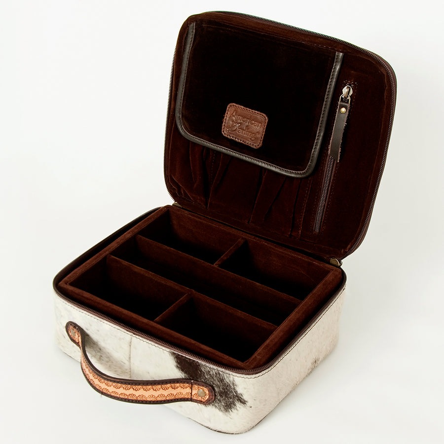 American Darling Genuine Leather Jewelry Case Hair-On Cowhide Floral Carved Tooled Travel Organizer Box with YKK Zipper