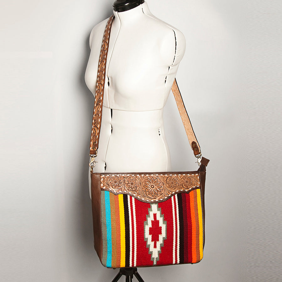 American Darling Women's Messenger Bag Hand Tooled Floral Carved Hand-Woven Saddle Blanket Vegetable-Tanned Genuine Leather