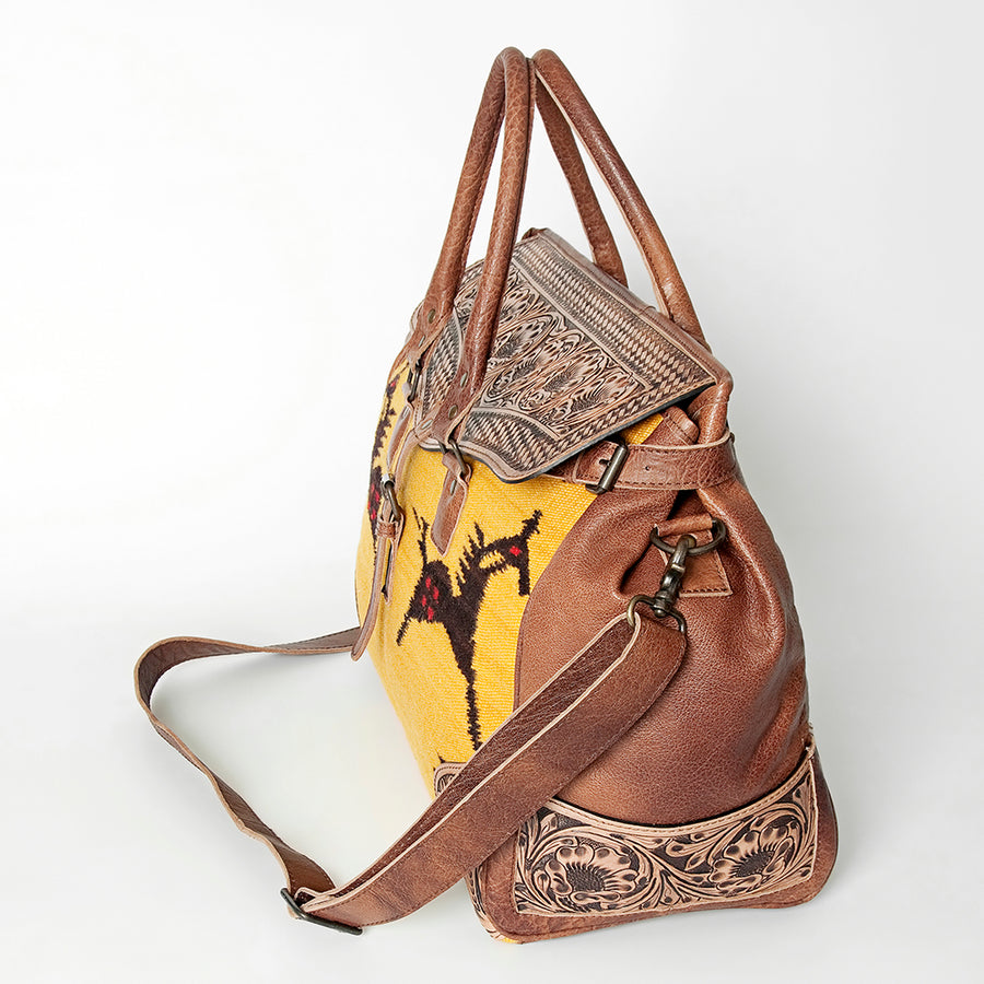 American Darling Duffel Bag Hand Tooled Floral Carved Hair-On Cowhide Genuine Vegetable Tanned Leather Travel Bag YKK Zipper