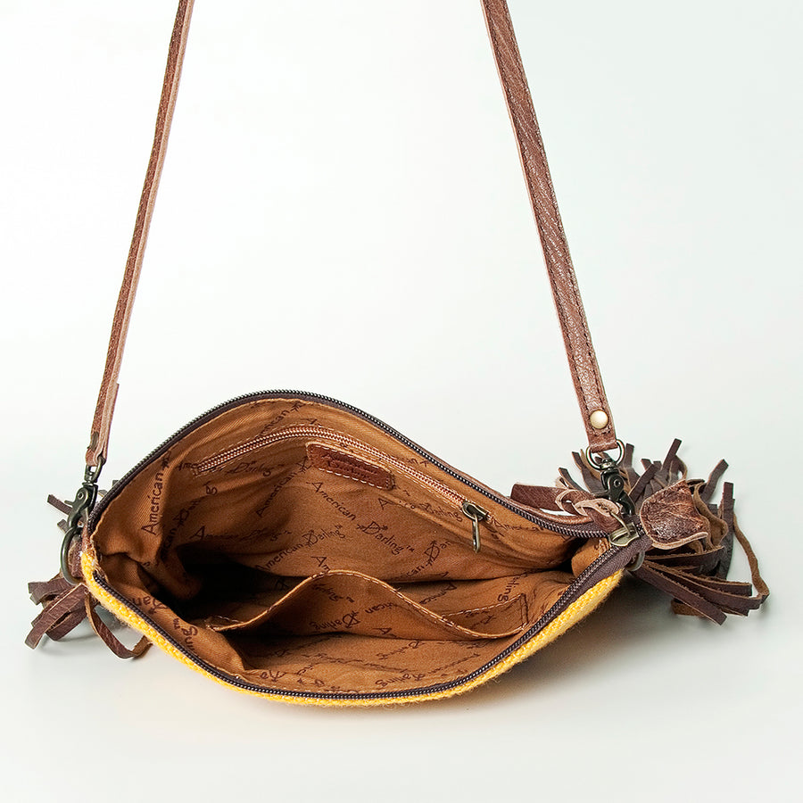 American Darling Western Cross body Bag Hand Tooled Floral Leather & Hand Woven Saddle Blanket with Fringes
