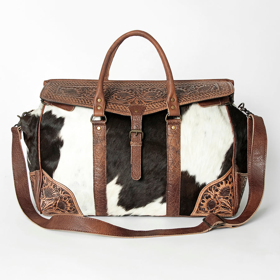 American Darling Duffel Bag Hand Tooled Floral Carved Hair-On Cowhide Genuine Vegetable Tanned Leather Travel Bag YKK Zipper
