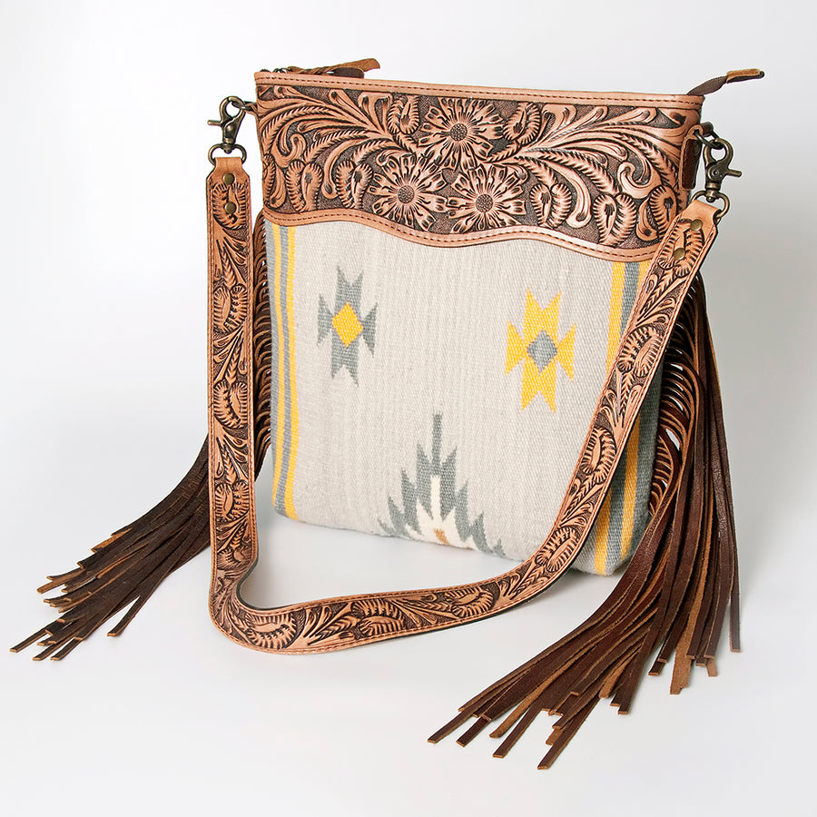 American Darling Hand Tooled Floral and Hand Woven Saddle Blanket Signature Cross Body Bag - Uhorse