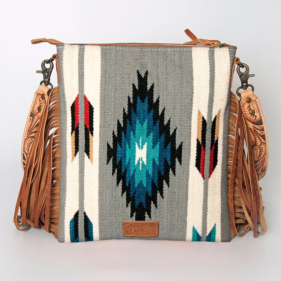 American Darling Large Cross body Bag, Hand Tooled Floral Leather, Hand Woven Saddle Blanket with Fringes, Western Crossbody