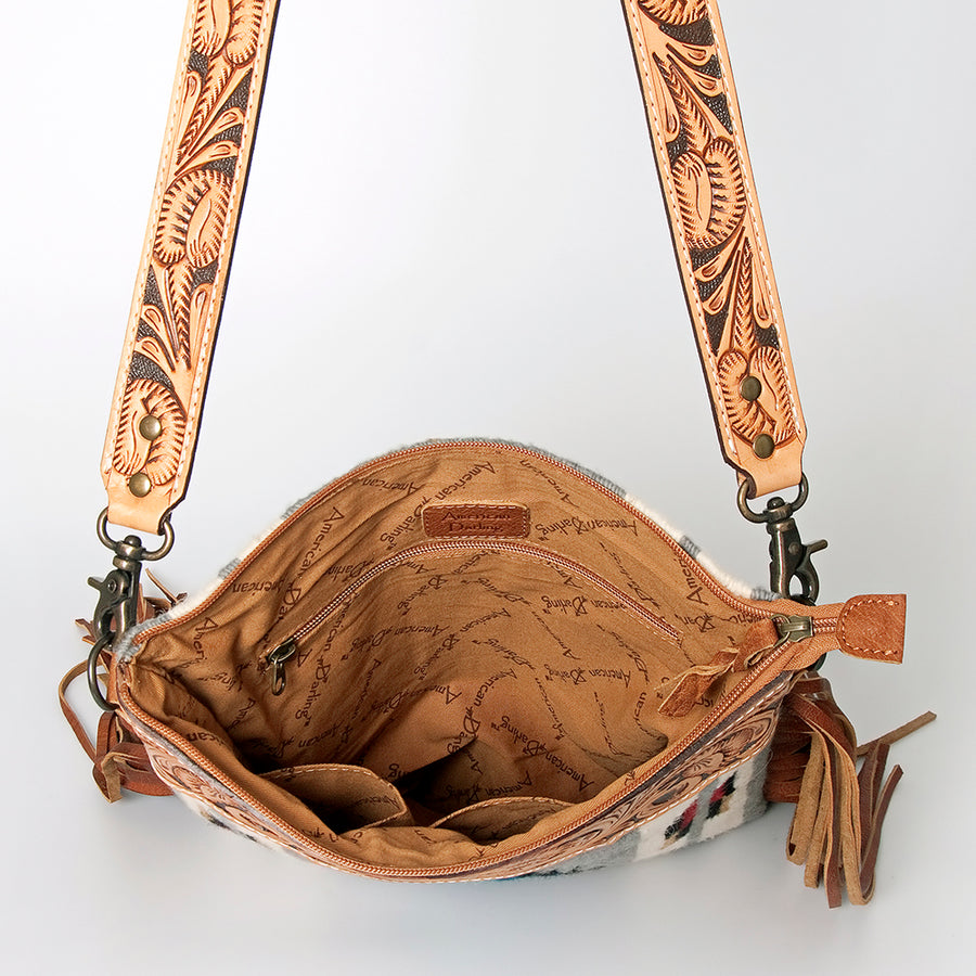 American Darling Large Cross body Bag, Hand Tooled Floral Leather, Hand Woven Saddle Blanket with Fringes, Western Crossbody