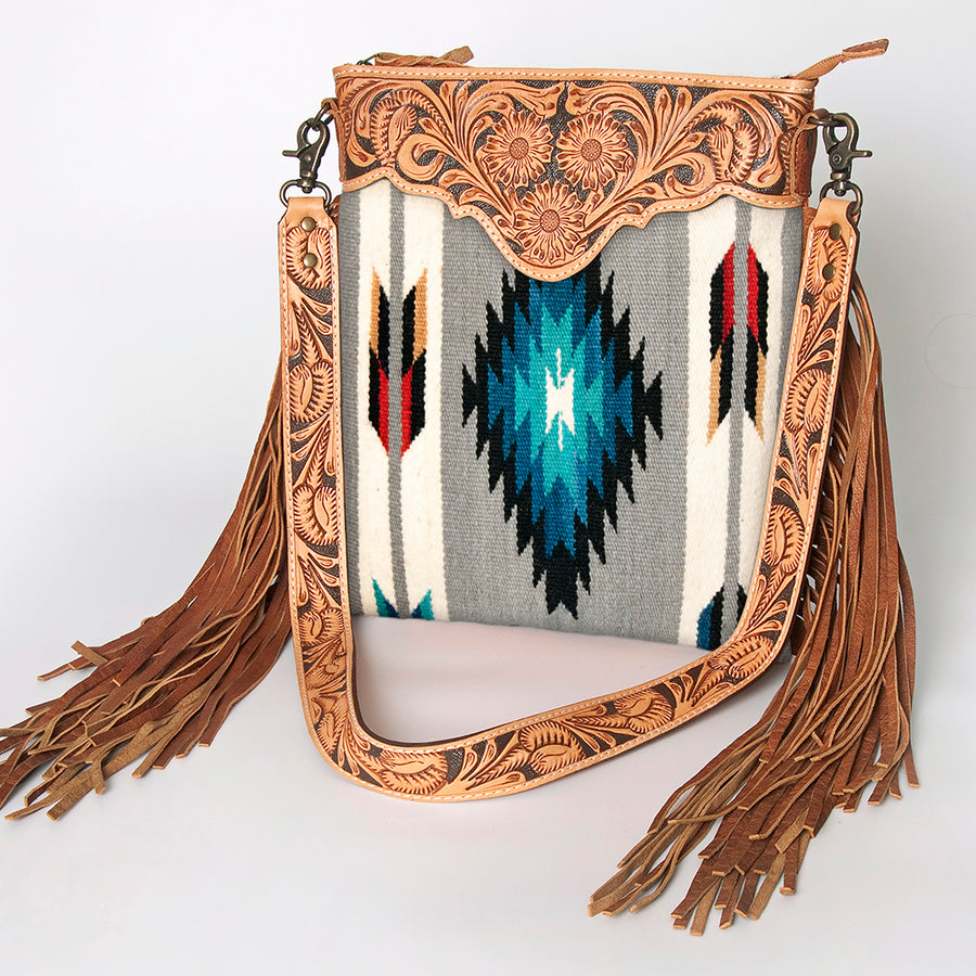 American Darling Cross body Bag - Hand Tooled Floral Leather and Woven Saddle Blanket Purse - Uhorse