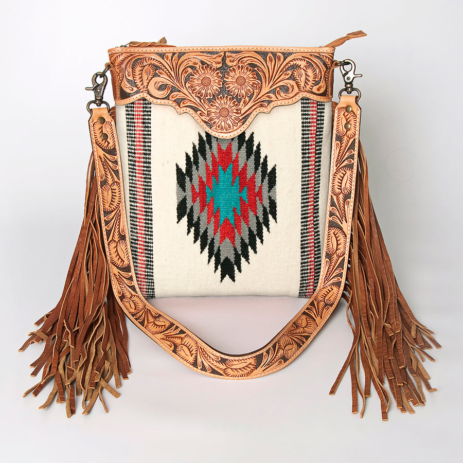 American Darling Large Cross body Bag, Hand Tooled Floral Leather, Hand Woven Saddle Blanket with Fringes, Western Crossbody