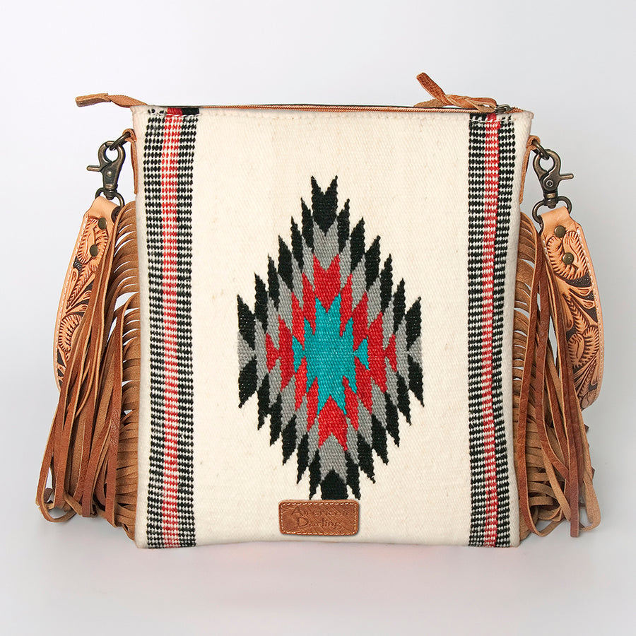 American Darling Large Cross body Bag, Hand Tooled Floral Leather, Hand Woven Saddle Blanket with Fringes, Western Crossbody