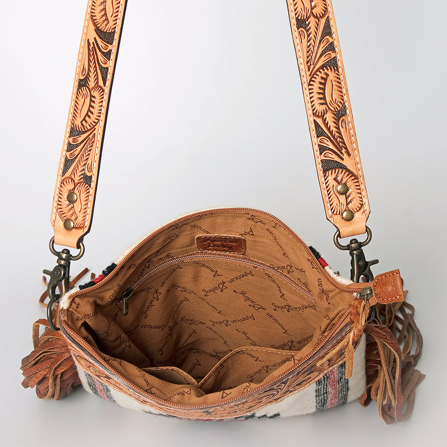 American Darling Large Cross body Bag, Hand Tooled Floral Leather, Hand Woven Saddle Blanket with Fringes, Western Crossbody