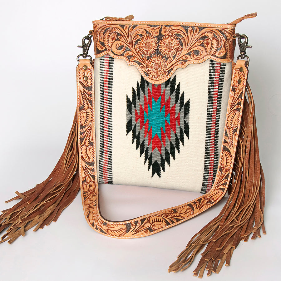 American Darling Cross body Bag - Hand Tooled Floral Leather and Woven Saddle Blanket Purse - Uhorse
