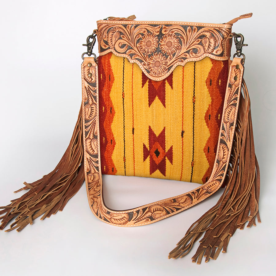 American Darling Large Cross body Bag, Hand Tooled Floral Leather, Hand Woven Saddle Blanket with Fringes, Western Crossbody