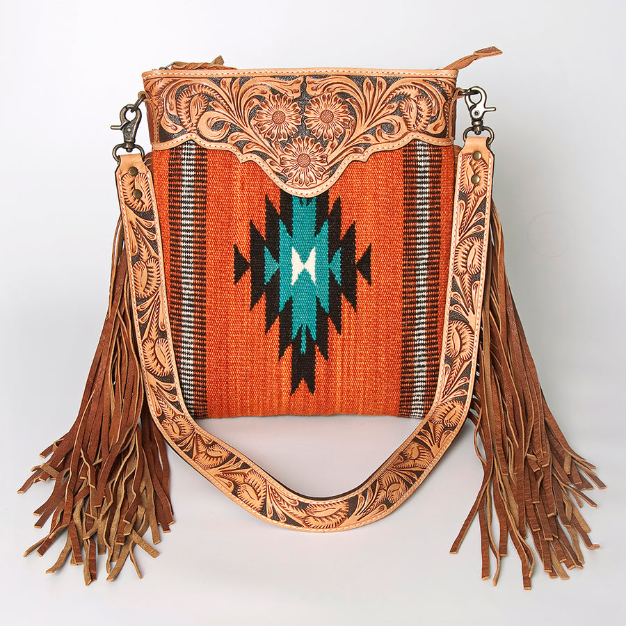 American Darling Large Cross body Bag, Hand Tooled Floral Leather, Hand Woven Saddle Blanket with Fringes, Western Crossbody