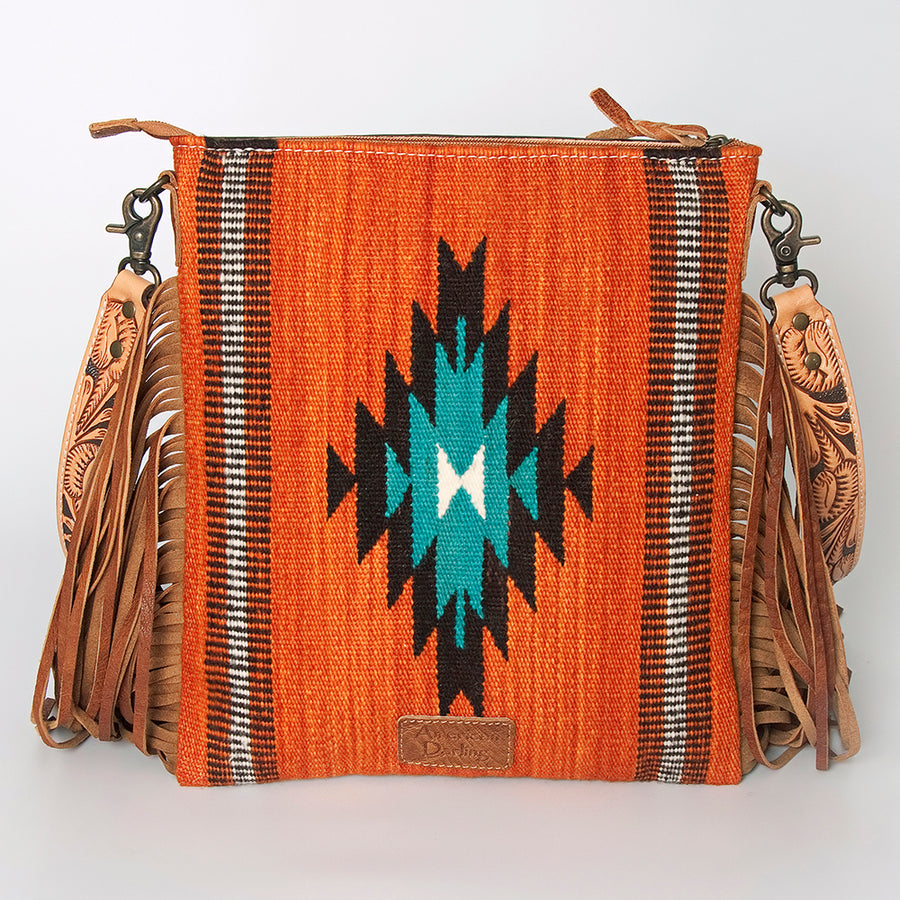 American Darling Large Cross body Bag, Hand Tooled Floral Leather, Hand Woven Saddle Blanket with Fringes, Western Crossbody