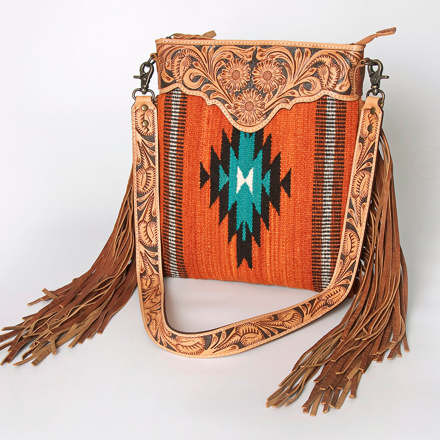 American Darling Cross body Bag - Hand Tooled Floral Leather and Woven Saddle Blanket Purse - Uhorse