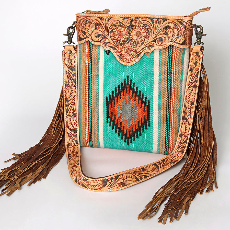 American Darling Large Cross body Bag, Hand Tooled Floral Leather, Hand Woven Saddle Blanket with Fringes, Western Crossbody